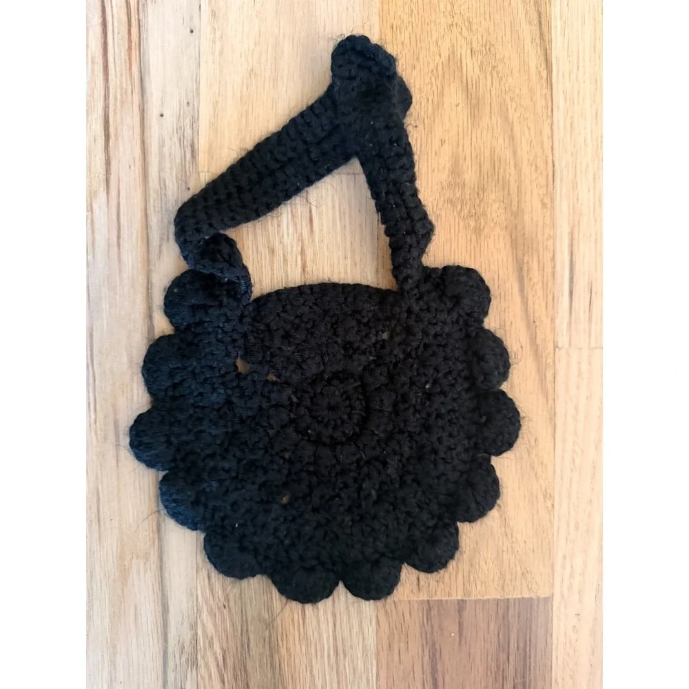 Handmade Black Crochet Hanging Towel Ring Holder w/ Floral Wooden Button Accent